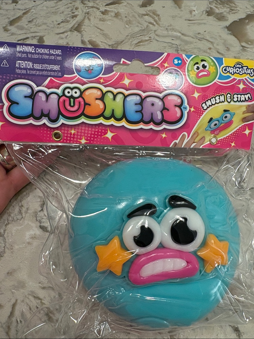 Smashers Blue Squishy Face Plush Toy with Pink Mouth and Yellow Stars - Usher